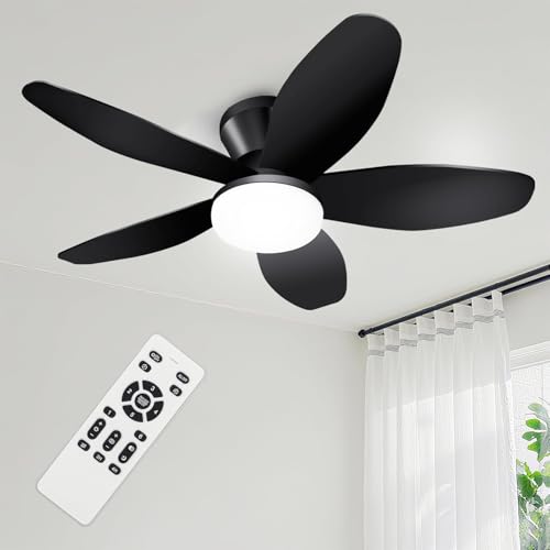 Image of Ceiling Fans with Lights - 35 Inch Small Low Profile Ceiling Fan and Remote,Flush Mount Ceiling Fan with 5 Reversible Blades 6 Wind Speeds, Black Modern Ceiling Fans for Bedroom Kitchen