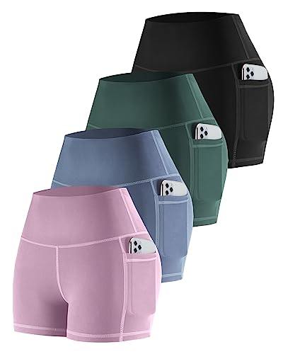 CHRLEISURE Womens Biker Yoga Shorts with Pockets: High Waisted Tummy Control Spandex Workout Athletic Gym Shorts 4 Packs