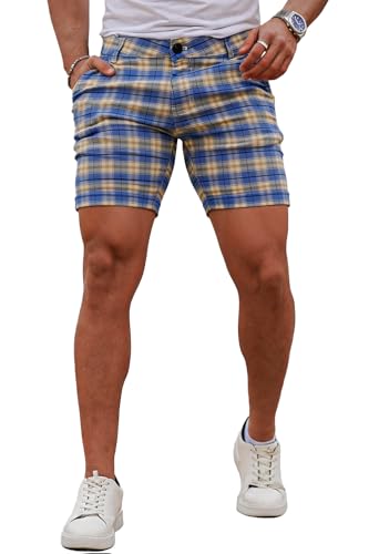 Image of GINGTTO Mens Slim Fit Shorts Plaid Chino Short Tapered Leg Skinny Stretch