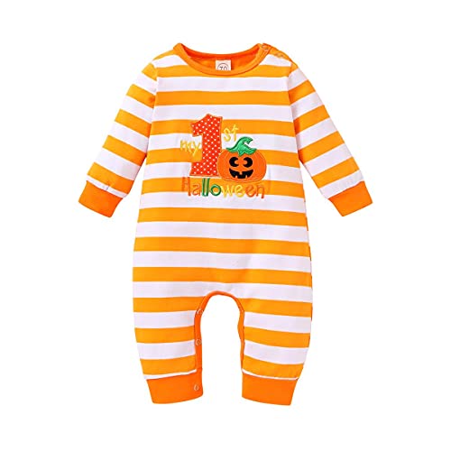 Infant Baby Girls Boys Fall Outfit Stripe Pumpkin Romper One Piece Jumpsuit Halloween Onesies Smocked Bodysuit Clothes 0-24 M (0-6 Months, Orange-1)