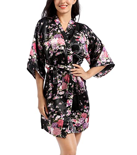 Cobciecs Déshabillé Femme D'été Kimono Nuit Femme Fleuri Court Imprimé Peignoir Femme Sortie de Bain Kimono Nuisette Sexy Noir,Tag XL=FR L