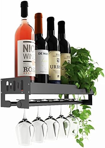 Carrtan Wine Rack Wall Mounted with Wine Glass Holder - Hanging Wine Rack - Modern Minimalist Style Metal Wine Rack & Mounted Wine Rack - Holds 5 x Glasses & 5 x Wine Bottles, 15.8 x 5.5 x 4 in(Black)