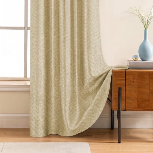 Image of LINENWALAS 100% Blackout Curtains for Window (5 Feet) - Set 2 Panels Linen Texture with Herringbone Pattern Complete Light Blocking with Thermal Insulated, Nose Reducing Backing (Golden Beige)