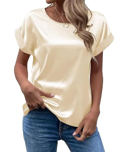 MINTLIMIT Womens Short Sleeve Satin Silk Blouse Rolled Round Neck Summer Casual Office Work Shirt 2024, Apricot, Beige