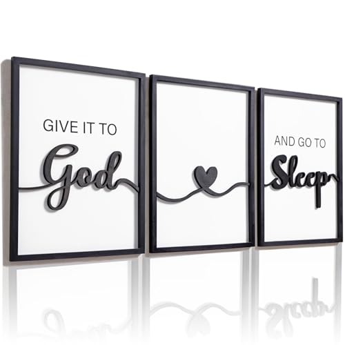 3D Wood Give it to God and Go to Sleep Signs 36x16”, Above Bed Wall Decors, Black And White 3D...