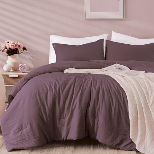 WRENSONGE Queen Comforter Set - 3 Pieces Prewashed Deep Purple Comforter Soft Lightweight for All Seasons Down Alternative Comforters Queen Size with 2 Pillow Shams
