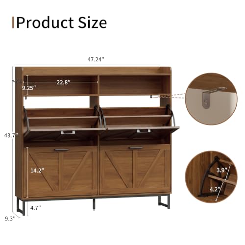 Image of Xixini Shoe Storage Cabinet with 4 Flip Drawers, Entryway Shoe Rack, Walnut | Freestanding Narrow Shoe Storage, Hidden Slim Wood Shoe Organizer, Modern Farmhouse, Open Storage & Hooks for Closet, Hallway