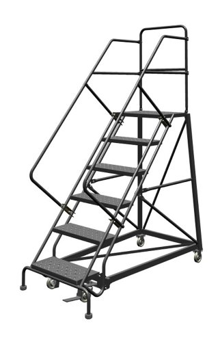 Image of Tri-Arc KDEC106246 6-Step Forward Descent Safety Angle Steel Rolling Industrial and Warehouse Ladder with Perforated Tread, 24-Inch Wide Steps