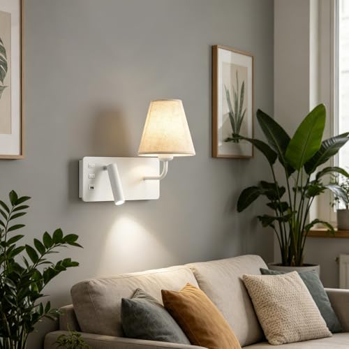 Luz de pared retro blanca izquierda con foco lectura orientable para evitar fatiga ocular