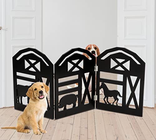 Bundaloo Freestanding Dog Gate Expandable Decorative Wooden Fence for Small to Medium Pet Dogs, Barrier for Stairs, Doorways, & Hallways (Farm Animals - Black