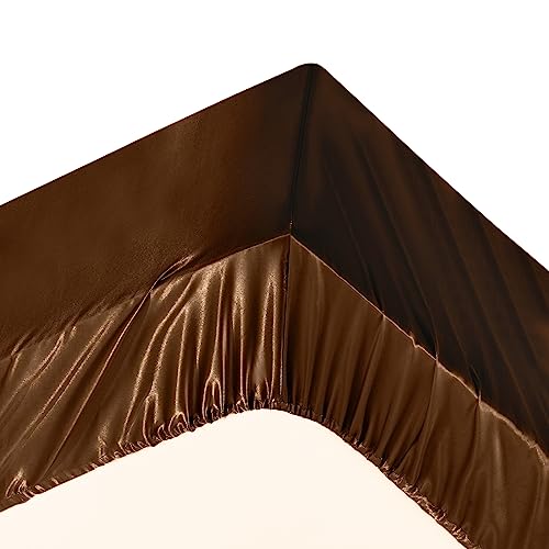 Image of Ersmak 7 Pieces Satin Sheets Set Queen Size, Luxury Silky Brown Satin Bed Sheets Set with 1 Deep Pocket Fitted Sheet, 1 Soft Flat Sheet, 4 Queen Pillowcases and 1 Body Pillowcase