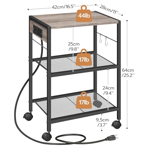 HOOBRO Industrial Printer Stand, 3-Tier Mobile Printer Table, Rolling Cart with Power Outlets and USB Ports, Home Printer Stand with 2 Hooks, for Office, Living Room, Greige and Black BG22UPS01 by HOOBRO - Image 3