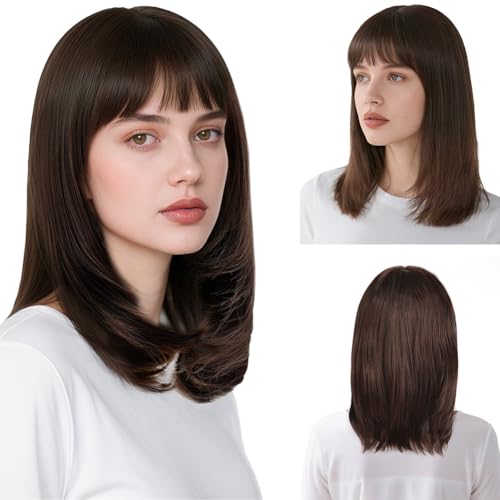 Aomig Pelucas Pelo, Peluca Marrón Oscuro, Corto Bob Lacio Pelucas, Pelucas Flat Bang Cabello Sintética Fiesta Peluca, con Flequillo Shoulder Largo, para Cosplay y Uso Diario