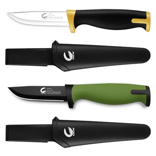 CuCut Survival Knife 2 pack, 3.5-inch Carbon Steel Blade, Black Non-Stick Finish with Hard Plastic Sheath to Belts, Soft TPR Handle Camping Knife for Outdoor, Survival, Fishing, Hiking