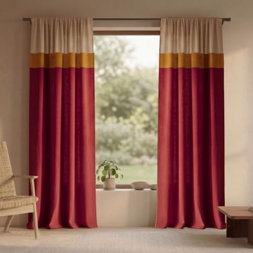 Image of Peepul Tree Cotton 7ft Door Curtain in Maroon & Off White | Woven Colour Block Design | 70% Semi Blackout | Top to Bottom Reversible Curtain