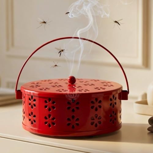 Image of DSH Metal Mosquito Coil Holder with Lid & Handle Ash Catcher Stand for Mosquito Coil Indoor Outdoor Safe Use (Red)