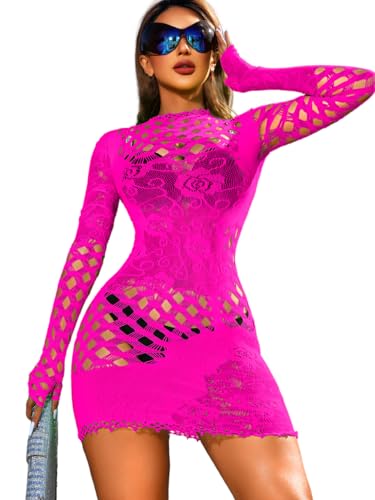 EHSUYAB Sexy Dresses for Women Club Ravewear, Fishnet Mesh Hollow Out Poster Bodycon Dress, Glove Long Sleeve Glow in The Dark Blacklight Club Rave Outfits Going Out Boudoir Party One Size Neon Pink