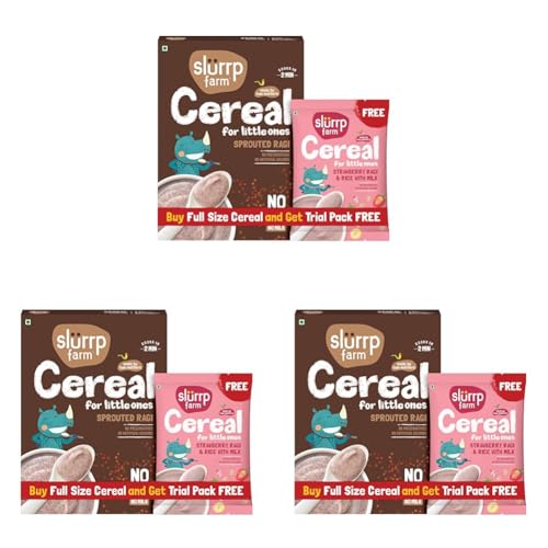 Image of Slurrp Farm No Added Sugar, No Salt, Sprouted Ragi Powder | 100% Natural Ragi Flour | Free Strawberry Cereal Trial Pack | 250g + Free 50g (Pack of 3)