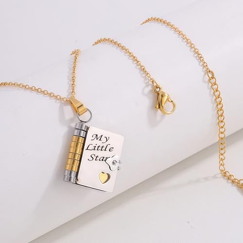 My Little Star Book Necklace,My Incredible Daughter Book Necklace,18k Gold Plated Openable Pendant with 6 Pages of Engraved Information,Openable Multi Layer Jewelry3