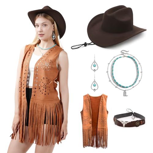 WELLATENT Western Outfits for Women7pcs Fringe Vest Cowboy Hat Cowgirl Costume Tassels Sleeveless Vest Halloween 70s Costume Set.