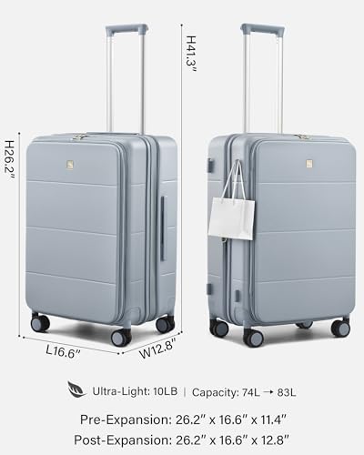 Image of Hanke Hardside Expandable Checked Luggage, 24 Inch Top Opening Trunk Luggages with Spinner Wheels, All-PC Hard Shell Suitcase, Lightweight TSA Checked-Medium(Grey, 83L)