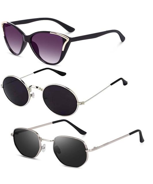 Y&S Unisex Goggle Combo| Combo Offer Pack of Branded Latest Stylish| Black Cateye Black Round, Hexagonal for Men and Women with Box|3-1274