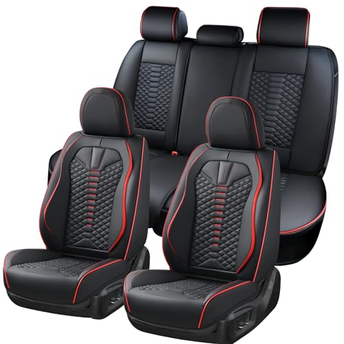 Image of Coverado Seat Covers Full Set, Waterproof Nappa Leather Seat Covers for Cars, 5 Seats Universal Car Seat Protectors, Black Car Seat Covers Car Seat Cushions Fit for Most Cars (Black&Red)