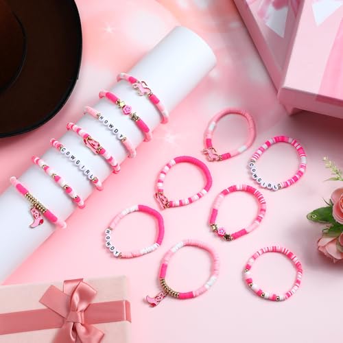 56 Pcs Western Cowgirl Pink Heishi Bracelets Western Themed Party Birthday Supplies Gift Stackable Rainbow Clay Beaded Stretch Bracelets Friendship Summer Beach Jewelry4