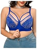 OYOANGLE Women's Plus Size Rhinestone Spiky Contrast Mesh Bras Wireless Cut Out Bedazzled Everyday Bralettes Blue 3X-Large Plus