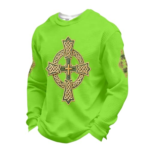 St Patricks Day Accessories Men,St Patricks Day Shirt Men Waffle Long Sleeve Shamrock Irish Saint Pattys Tops Plus Size Crewneck Casual Sweatshirts(3X-Large,Greens)
