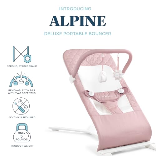 Image of Baby Delight Alpine Deluxe Portable Bouncer, Organic Rose | Infant 0-6 Months, 3-Position Recline, 3-Point Safety Harness, 100% GOTS Certified Cotton Fabric Removable & Washable Cover