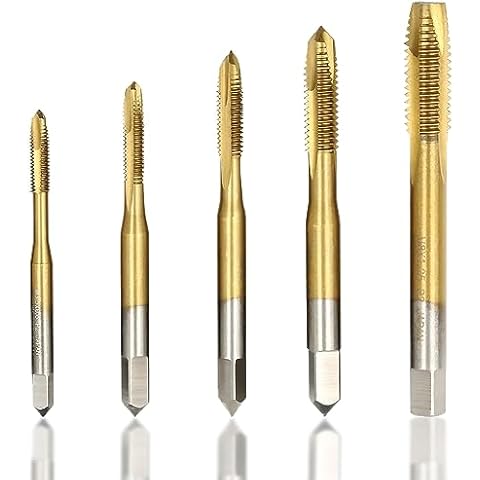 Kigauru 5Pcs Spiral Point Threading Tap High Speed Steel 6542 Metric Spiral Flute M3x0.5, M4x0.7, M5x0.8, M6x1.0, M8x1.25 Machine Tap Set Abrasion Titanium Coated Thread Tapping Tool Cover