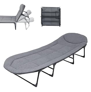 SnozeFlex Chaise Lounge Chair, Folding Cot, 6-Angle Adjustable Camping Cot with Mattress for Patio and Beach, Foldable Bed Portable Heavy Duty Lay Flat Reclining with Pillow (Grey, L - 75'')