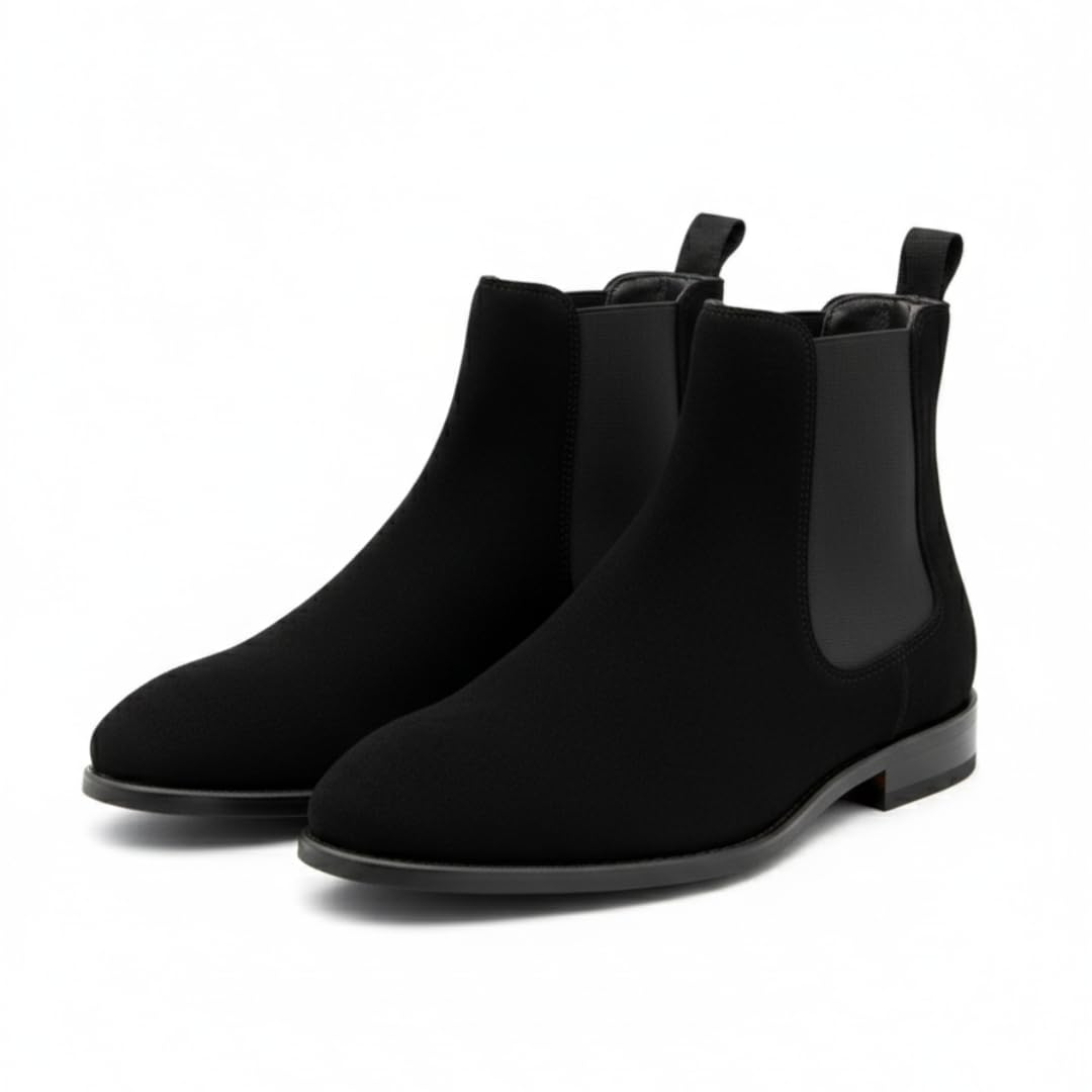 Men's Leather Chelsea Boots, Ankle Length Slip-On with Memory Foam Insole, Block Heel, Round Toe, Water Repellent, Formal Wear, Black