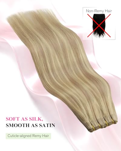 Image of YoungSee Sew in Extensions Real Human Hair, 125G 22 Inch Long Straight Hair, Weft Hair Extensions Human Hair, Dirty Blonde Highlights Bleach Blonde, Invisible Sew in Bundle for Natural Look
