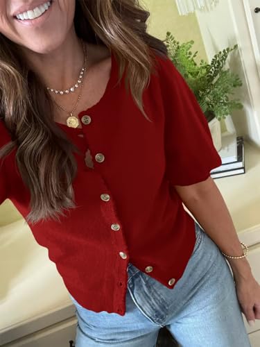 Image of Saodimallsu Womens Puff Short Sleeve Cardigan Lightweight Summer Button Down Shirts Knit Crew Neck Sweater Tops