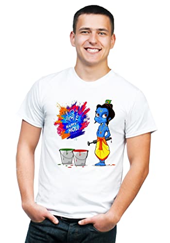 Image of Knitted Polycotton Fabric Regular Fit Men Boys Half Sleeve T-Shirt for Festival of Holi Style 19 White Size : Free