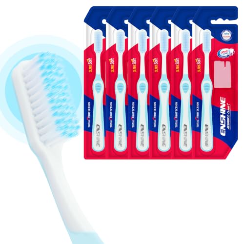 Image of Enshine Advance Clean+ Soft Toothbrush for Adults - Pack of 6 | Ultra Soft Tapered PBT Bristles | Tooth Brush Set with Non-Slip Grip | Manual Toothbrushes for Sensitive Gums & Enamel | Color Blue