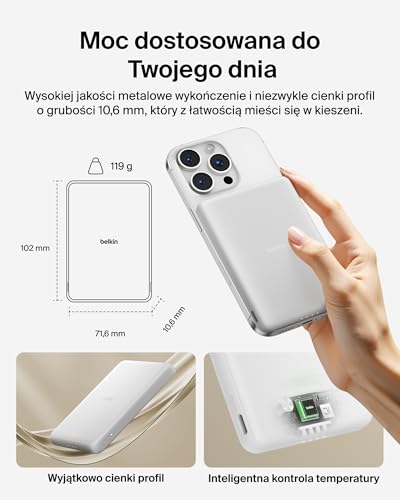 Belkin BoostCharge Magnetyczny Powerbank 5000mAh, Smukła Ładowarka z Pierścieniem Magnetycznym i Portem USB-C, do iPhone'a, Galaxy, Pixelsnap, iPad, Tabletu – w Zestawie Kabel USB-C – Biały