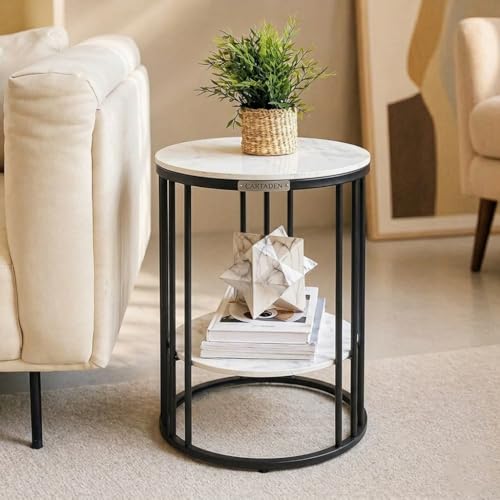 Image of CARTADEN Side Table, Small Round End Table with Lower Shelf, Nightstand for Small Spaces, Bedside Coffee Table for Living Room, Bedroom Black White
