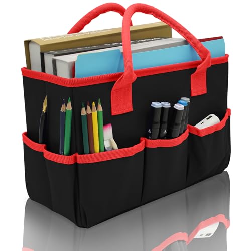 Image of Cupohus Desktop Art Craft Storage Tote Bag and Stock Organizer (Black&Red) | Supply Storage Bags with Pockets and Handles, Oxford Fabric Carrying Caddy for Teacher, Officer, Artist, Traveler, and More