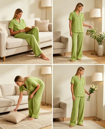 Image of SWOMOG Women Pajama Sets Two-Piece Nightwear Short Sleeve Sleepwear Button Down Pj Lounge Sets with Long Pants
