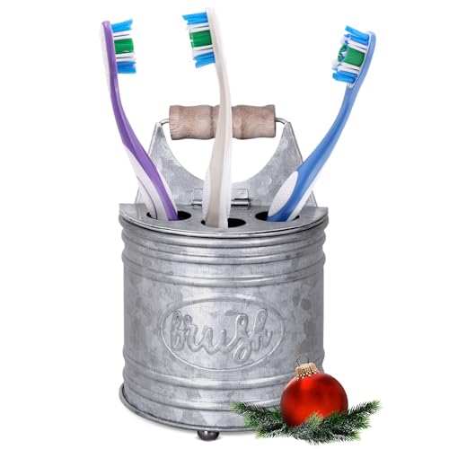 Autumn Alley Farmhouse Toothbrush Holders for Bathrooms - Rustic Galvanized Tooth Brush Holder - Farmhouse Bathroom Accessories Country Decor, Toothpaste & Electric Kids Toothbrush Compartment, Grey