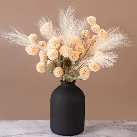 Faux Kiku Flower 10 Pcs Chrysanthemum Flowers with Pampas Grass, Small Ball Flowers Chrysanthemum Flowers Boho Home Decor Floral Arrangements Centerpiece Cover