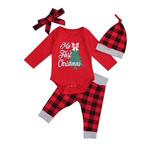 Preisvergleich Produktbild Geagodelia Strampler für Neugeborene, Weihnachten, Unisex, langärmelig, aus Baumwolle, Top, Plaid, lange Hose, Hut, Set mit Partykleidern 12-18 Monate