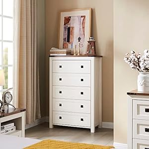 T4tream farmhouse 5 drawers dresser chests for bedroom wood rustic tall chest of drawers dressers organizer for bedroom living room hallway antique white  urban country home decor