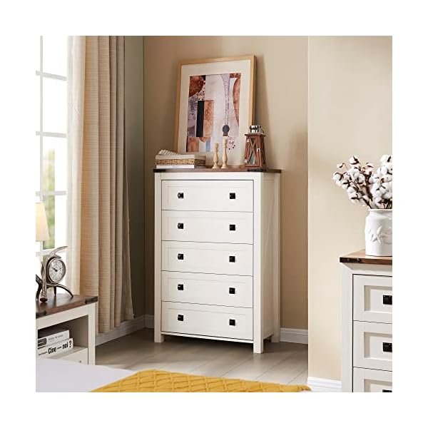 T4tream farmhouse 5 drawers dresser chests for bedroom wood rustic tall chest of drawers dressers organizer for bedroom living room hallway antique white  urban country home decor
