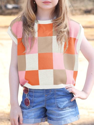 Haloumoning Girls Summer Crop Tops Color Block Vest Cute Tanks Cap Sleeve Tee Loose Kids Knit Top 5-14 Years2