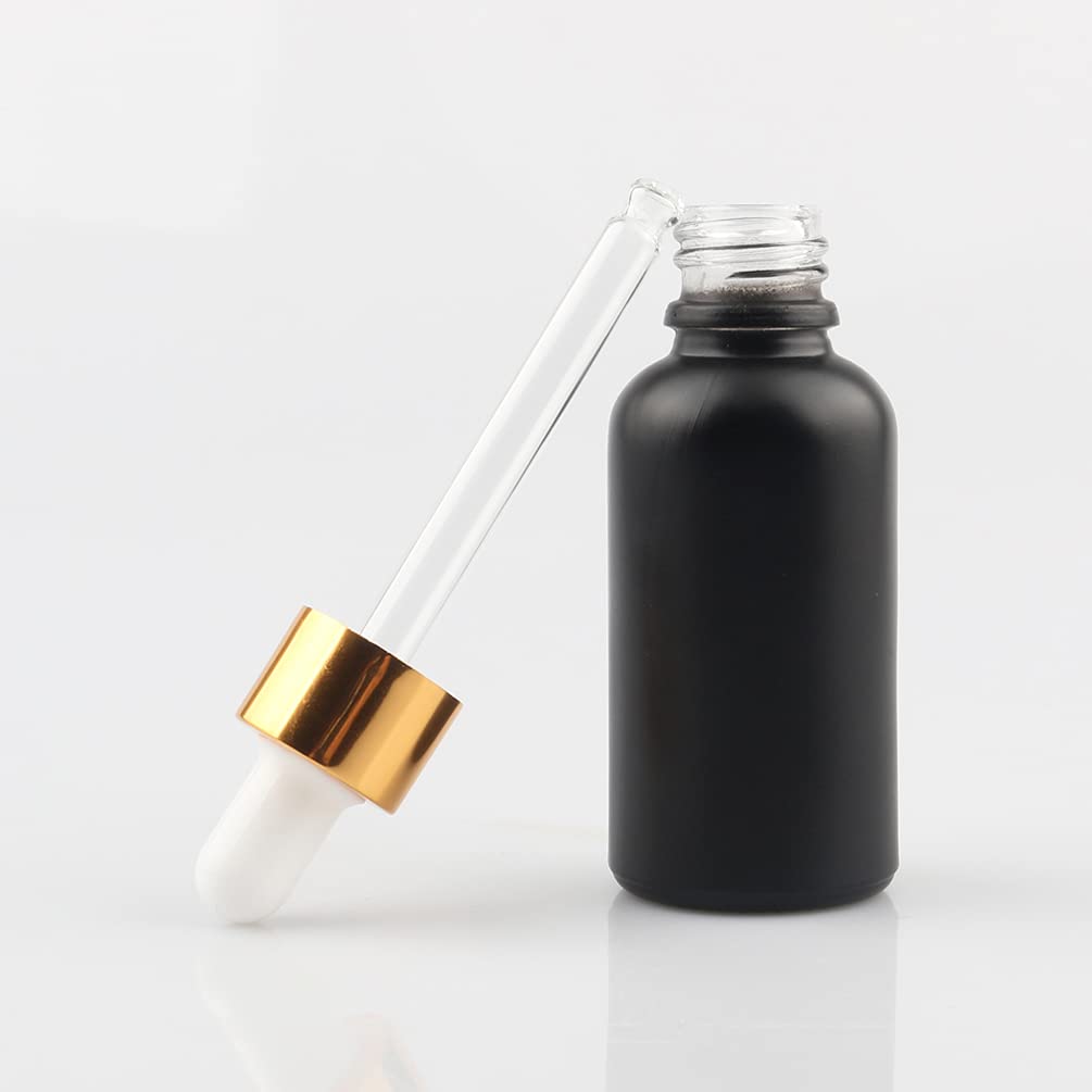 12 Pieza 30ml Negro Mate Botellas de Cristal con Pipeta, 30 ml Frasco Cuentagotas Cristal con Tapón de Rosca Oro, Botella de Vidrio con Cuentagotas para Aceite Esencial Aromaterapia