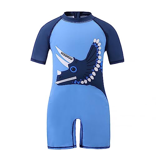 Xumplo Boys Swimming Costume Kids One Piece Swimsuit Short Sleeve Beach Swimwear Dinosaur Rash Guard Bathing Suit Light Blue 4-5 Years